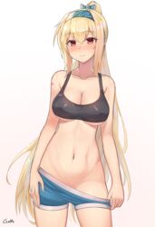  artist_name black_sports_bra blonde_hair blush bow breasts closed_mouth female gamryous girls&#039;_frontline green_hairband green_shorts hairband hairbow highres jewelry long_hair looking_at_viewer navel ponytail red_eyes ring shorts smile sports_bra sv-98_(girls&#039;_frontline) sv-98_(mod3)_(girls&#039;_frontline) underwear wedding_ring 