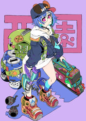  :3 apex_legends arc_star backpack bag blue_hair blue_jacket briefcase dolphin_hair_ornament explosive female glasses grenade highres holding holding_briefcase hood hoodie jacket nijisanji nishizono_chigusa nishizono_chigusa_(2nd_costume) pink_eyes purple_background red_footwear shadow shuriken smile solo standing tetsu_booya virtual_youtuber weapon white_hoodie 