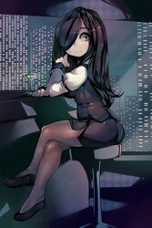  absurdres aria_wintermint bar_(place) black_footwear black_hair black_pantyhose black_skirt building city cloud cloudy_sky cocktail_glass commission crossed_legs cup drinking_glass english_commentary female formal green_eyes hair_over_one_eye highres indoors juliet_sleeves lips long_hair long_sleeves looking_at_viewer looking_back night nose olive pantyhose parororo pencil_skirt photoshop_(medium) puffy_sleeves revision shoes sitting skirt skirt_suit sky skyscraper solo suit the_crawling_city 