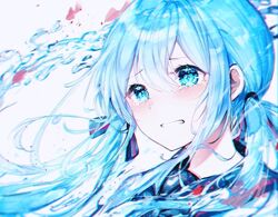  black_ribbon black_sailor_collar blue_eyes blue_hair blush bottle_miku clenched_teeth commentary female fish floating_hair furrowed_brow goldfish hair_between_eyes hair_ribbon hatsune_miku light_blue_hair liquid_hair long_hair noyu_(noyu23386566) portrait ribbon sad sailor_collar simple_background solo tearing_up tears teeth twintails vocaloid white_background 