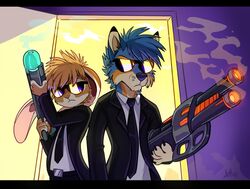  2018 adult_swim anthro ash_bunny_(skeleion) black_nose blue_body blue_fur canid canine canis cartoon_network cheek_tuft clothed clothing digital_media_(artwork) domestic_dog door duo eyewear facial_tuft fur gun head_tuft holding_gun holding_object holding_ranged_weapon holding_weapon husky lagomorph leporid light lighting male mammal necktie nordic_sled_dog parody rabbit ranged_weapon rick_and_morty shaded skeleion spitz suit sunglasses toby_wolfkat tuft weapon yellow_body yellow_fur 