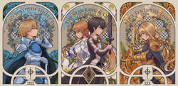  2girls absurdres alice_zuberg arm_guards armor armored_dress art_nouveau asuna_(sao) asuna_(stacia) back-to-back black_eyes black_hair blonde_hair blue_armor blue_cape blue_eyes blue_flower blue_rose blue_rose_sword body_armor braid braided_ponytail brown_eyes brown_hair cape commentary_request eugeo faulds floral_background flower gauntlets glowing glowing_sword glowing_weapon gold_armor gold_gloves gold_osmanthus green_eyes hairband hand_up highres holding holding_sheath holding_sword holding_weapon kirito knight lily_(flower) long_hair medieval multiple_girls night_sky_sword orange_flower osmanthus osmanthus_blade pauldrons radiant_light rapier roman_numeral rose saki_no_hara sheath sheathed short_hair shoulder_armor sword sword_art_online sword_art_online:_alicization sword_art_online:_alicization_-_war_of_underworld unsheathed unsheathing very_long_hair weapon white_flower white_hairband white_lily yellow_flower 