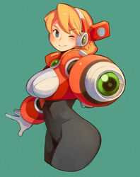  absurdres alia_(mega_man) android blush closed_mouth female gloves highres looking_at_viewer mega_man_(series) mega_man_x_(series) one_eye_closed robot robot_ears sho.t short_hair smile solo white_gloves 