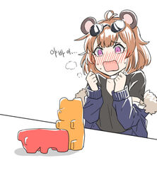  all_fours animal_ears antenna_hair bear_ears blush brown_hair choker commentary_request doggy_style dulldull embarrassed eyewear_on_head female fur_trim girls&#039;_frontline grizzly_mkv_(girls&#039;_frontline) grizzly_mkv_(teddy_transform!)_(girls&#039;_frontline) gummy_bear heavy_breathing jacket korean_commentary korean_text off_shoulder official_alternate_costume open_mouth purple_eyes shirt short_hair solo sunglasses t-shirt translation_request 