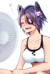  bare_arms bare_shoulders bikini breasts closed_eyes commentary_request electric_fan eyepatch fanning_face female headgear highres kantai_collection katsuobushi_(eba_games) large_breasts official_alternate_costume open_mouth purple_hair short_hair simple_background solo sports_bra swimsuit tenryuu_(kancolle) tenryuu_(swimsuit_mode)_(kancolle) upper_body white_background white_sports_bra 