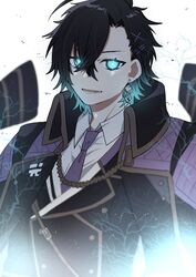  1boy apex_legends black_hair blue_eyes blue_hair collared_shirt colored_tips earrings electricity fusion glowing glowing_eyes hair_behind_ear highres jacket jacket_on_shoulders jewelry male_focus multicolored_hair necktie neo-porte open_mouth purple_necktie shibuya_hal shirasu_uni shirt smile solo upper_body virtual_youtuber white_background white_shirt wraith_(apex_legends) 