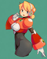  absurdres alia_(mega_man) android blonde_hair blue_eyes blush breasts female gloves green_background headset highres large_breasts mega_man_(series) mega_man_x_(series) open_mouth robot robot_ears sho.t short_hair simple_background smile solo white_gloves 