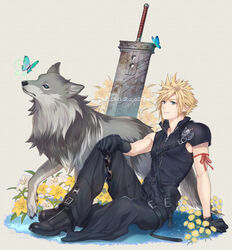  1boy animal animal_on_weapon arm_ribbon arm_support armor belt black_gloves black_pants black_shirt blonde_hair blue_butterfly blue_eyes bug buster_sword butterfly cloud_strife dated earrings final_fantasy final_fantasy_vii final_fantasy_vii_advent_children flower from_side full_body gloves goggles hand_on_own_knee highres jewelry knee_up looking_at_viewer male_focus multiple_belts ohse pants parted_lips planted planted_sword red_ribbon ribbon shirt shoulder_armor signature sitting smile spiked_hair stud_earrings sword unworn_goggles weapon white_flower wolf yellow_flower 