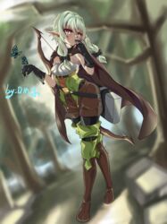  absurd_res accessory boots bottomwear bow_(feature) bow_accessory bow_ribbon breasts clothing dm_mo elf female footwear goblin_slayer green_eyes green_hair hair hair_accessory hair_ribbon hairbow hi_res high_elf_archer_(goblin_slayer) humanoid humanoid_pointy_ears leggings legwear long_legs not_furry platinum_blonde ranged_weapon ribbons shorts small_breasts solo thigh_boots thigh_highs weapon wide_hips 