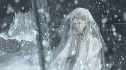  commentary_request company_captain_yorshka dark_souls_(series) dark_souls_iii dress facial_mark female grey_background jewelry light_brown_hair long_hair outdoors partial_commentary pointy_ears seeker snowflakes snowing solo tiara upper_body veil wall white_dress 