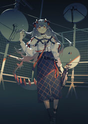  absurdres arknights asymmetrical_legwear belt black_background black_footwear black_skirt chest_strap chinese_commentary closed_mouth commentary_request dragon_girl dragon_horns dragon_tail dutch_angle earclip female fence full_body grey_hair hand_in_own_hair hand_up high-waist_skirt highres holding holding_weapon horns id_card infection_monitor_(arknights) keng_keng_zi long_hair long_skirt long_sleeves looking_at_viewer orange_eyes saria_(arknights) satellite_dish serious shirt skirt solo syringe_gun tail weapon white_shirt 