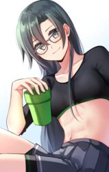  abs alternate_hairstyle amagiri_(kancolle) asymmetrical_bangs bike_shorts black_shirt collarbone commentary_request female glasses grey-framed_eyewear grey_eyes grey_hair grey_skirt hair_between_eyes hair_down highres kantai_collection katsuobushi_(eba_games) long_hair looking_at_viewer navel pleated_skirt shirt shorts shorts_under_skirt skirt smile solo tsurime undershirt very_long_hair 