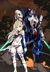  ahoge blonde_hair breasts dual_wielding energy_sword female floating_hair flower gun hair_between_eyes hair_flower hair_ornament holding holding_gun holding_weapon jinki jinrouki_winvurga large_breasts looking_at_viewer mashiro_(jinrouki_winvurga) mecha medium_breasts navel red_eyes robot standing sword tsunashima_shirou v-shaped_eyebrows weapon white_flower winvurga yellow_eyes 