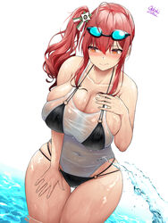  azur_lane bare_shoulders bikini black_bikini blush breasts bursting_breasts cleavage closed_mouth collarbone commentary_request female goggles goggles_on_head highres large_breasts layered_swimsuit long_hair looking_to_the_side oekakizuki official_alternate_costume one-piece_swimsuit red_hair see-through side_ponytail sidelocks simple_background solo standing swimsuit thick_thighs thighs wet white_one-piece_swimsuit wide_hips yellow_eyes zara_(azur_lane) zara_(poolside_coincidence)_(azur_lane) 