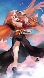  ass_visible_through_thighs baiken bare_legs blue_sky boots breasts center_opening cherry_blossoms cleavage facial_mark female guilty_gear highres holding holding_weapon jako_(toyprn) japanese_clothes katana kimono large_breasts long_hair multicolored_clothes open_mouth petals pink_hair rope scar scar_across_eye scar_on_face side_slit sky smile sword tree very_long_hair weapon wide_sleeves wind wind_lift 