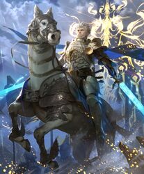  1boy animal armor artist_request banner barding beard bevor blue_cape breastplate bridle cape couter cuisses cygames dual_wielding eachtar facial_hair glowing glowing_sword glowing_weapon gold_trim greaves holding horse horseback_riding light_persona moustache official_art pauldrons plate_armor poleyn reins riding rondel saddle shadowverse shoulder_armor sword vambraces weapon white_hair white_horse 