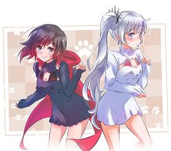  2girls animal_band blue_eyes blush cape check_commentary cleavage_cutout clothing_cutout commentary_request dress grey_eyes iesupa long_hair meme_attire multiple_girls open-chest_sweater paw_pose paw_print ruby_rose rwby short_hair sweater sweater_dress very_long_hair weiss_schnee white_hair 