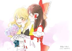  2girls :d :o ahoge ascot blonde_hair blush bouquet bow box braid brown_hair collared_shirt comiket comiket_91 commentary_request detached_sleeves flower gift gift_box hair_tubes hairbow hakurei_reimu kirisame_marisa long_hair multiple_girls no_headwear open_mouth shirt single_braid smile touhou tsurime vest wavy_hair yellow_eyes yonu_(yonurime) 