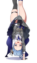  ? @_@ absurdres ascot asymmetrical_legwear belt black_gloves black_thighhighs blue_ascot blue_belt blue_bow blue_choker blue_eyes blue_hair blue_socks blush bow choker collared_shirt commentary_request crown dress eru_(l_illust45) female gloves grey_jacket grey_skirt handstand highres hololive hoshimachi_suisei hoshimachi_suisei_(1st_costume) jacket looking_at_viewer lycoris_challenge_(meme) meme mini_crown one_arm_handstand open_mouth partially_fingerless_gloves plaid plaid_dress plaid_skirt shadow shirt simple_background skindentation skirt skirt_tug socks solo sweat thigh_strap thighhighs thighs uneven_legwear upside-down virtual_youtuber waist_bow wavy_mouth white_background white_shirt 