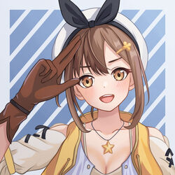  atelier_(series) atelier_ryza atelier_ryza_1 beret black_bow blue_background bow breasts brown_eyes brown_gloves brown_hair chunjiu cleavage collarbone dot_nose female gloves hair_ornament hairclip hand_up hat hat_bow highres jacket jewelry large_breasts light_blush looking_at_viewer necklace open_clothes open_jacket open_mouth portrait reisalin_stout salute shirt short_hair_with_long_locks short_sleeves simple_background sleeveless sleeveless_jacket spaghetti_strap star_(symbol) star_necklace teeth two-finger_salute two-tone_background upper_teeth_only white_background white_hat white_shirt yellow_jacket 