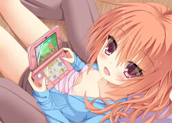  1other :d blush breasts breasts_apart brown_pants clip_studio_paint_(medium) collarbone commentary_request dutch_angle female game_console hair_between_eyes handheld_game_console happy holding holding_handheld_game_console inaba_meguru long_hair looking_at_viewer looking_up monster_hunter_(series) monster_hunter_4 nekono nintendo_3ds no_bra open_mouth orange_hair pants pink_shirt playing_games ponytail red_eyes sanoba_witch shirt sleeves_past_wrists small_breasts smile solo_focus wavy_hair 