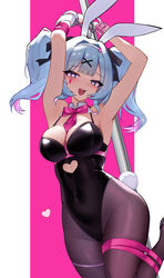  absurdres animal_ears arms_up bare_arms bare_shoulders bingzhi_juzi black_leotard black_pantyhose blue_eyes blue_hair blush bow bowtie breasts clothing_cutout commentary_request covered_navel cuffs cutout_above_navel detached_collar fake_animal_ears fake_tail female hair_ornament handcuffs hatsune_miku heart heart-shaped_pupils heart_cutout highleg highleg_leotard highres large_breasts leotard long_hair looking_at_viewer necktie pantyhose pink_bow pink_bowtie pink_hair pink_necktie pink_theme playboy_bunny pole pole_dancing rabbit_ears rabbit_hole_(vocaloid) rabbit_tail restrained shackles solo spaghetti_strap stripper_pole symbol-shaped_pupils tail twintails vocaloid x_hair_ornament 