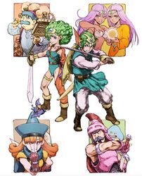  3boys 4girls alena_(dq4) backpack bag blue_hair blue_hat blue_leotard boots brown_footwear claw_(weapon) closed_mouth coin commentary_request dark-skinned_female dark_skin dracky dragon_quest dragon_quest_iv everyone facial_hair green_hair hat helmet hero_(dq4) heroine_(dq4) highres holding holding_coin holding_sword holding_weapon iwamoto_tatsurou leotard long_hair manya_(dq4) minea_(dq4) moustache multiple_boys multiple_girls navel one_eye_closed orange_eyes orange_hair purple_eyes purple_hair ryan_(dq4) simple_background slime_(dragon_quest) smile sword teeth tiara torneko v-shaped_eyebrows weapon white_background winged_helmet witch_hat 