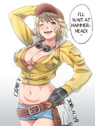  2016 ;d belt black_gloves blonde_hair breasts character_name cidney_aurum cleavage dated female final_fantasy final_fantasy_xv gloves goggles goggles_around_neck gradient gradient_background green_eyes grey_background hand_on_hip hard_translated hat large_breasts looking_at_viewer md5_mismatch midriff navel one_eye_closed open_mouth short_hair shorts smile solo speech_bubble translated white_background yoohi 