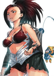  ass_visible_through_thighs black_eyes black_hair black_panties boku_no_hero_academia bra breasts cleavage collarbone commentary_request dress_shirt female fishing_rod green_skirt hair_pulled_back large_breasts long_hair midriff mineta_minoru panties pervert photoshop_(medium) pleated_skirt ponytail red_bra school_uniform shirt skirt tearing_clothes tianzhong_zhongtian torn_clothes torn_shirt u.a._school_uniform underwear yaoyorozu_momo 