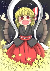  blonde_hair bow commentary cosplay female gaoo_(frpjx283) hairbow highres open_mouth orihime_(tanabata) orihime_(tanabata)_(cosplay) outstretched_arms red_eyes rumia shawl solo star_(symbol) touhou wide_sleeves 