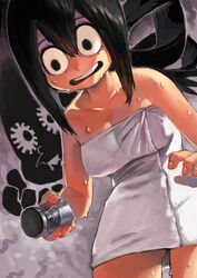  1boy asui_tsuyu black_eyes black_hair bloodshot_eyes boku_no_hero_academia breasts cleavage commentary_request eyelashes female hair_rings large_breasts long_hair mineta_minoru naked_towel open_mouth peeping pervert photoshop_(medium) shaded_face tianzhong_zhongtian towel water wet 