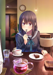  black_hair black_sailor_collar black_serafuku blurry blush brown_eyes cafe cake chair chocolate_cake clock coaster commentary_request cup depth_of_field drinking_glass eating ese_shinshi female fingernails food food_on_face fork glass glass_teapot hanging_light highres holding holding_fork indoors long_hair long_sleeves looking_at_viewer original plate powdered_sugar reflection ribbon sailor_collar saucer school_uniform serafuku sitting solo spoon table tea teacup teapot transparent upper_body utensil_in_mouth wooden_plate wooden_table 