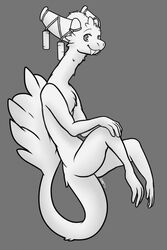  2017 ambiguous_gender anthro barefoot biped demon dragon fangs feathers feet floating fluffy fluffy_tail fur furred_dragon furred_scalie grey_background grey_eyes hi_res jewelry long_neck long_tail long_toes looking_at_viewer monochrome mythological_creature mythological_scalie mythology nude sabertooth_(anatomy) scalie signature simple_background smile smol-mama_(artist) solo stonebreaker tail tail_feathers teeth toes toris toris_(stonebreaker) white_body white_fur 