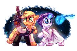  applejack_(mlp) blaster blonde_hair blue_eyes clothing duo earth_pony equid equine female feral friendship_is_magic fur green_eyes gun hair han_solo hasbro horn horse leia_organa levitation magic_glow mammal my_little_pony mythological_creature mythological_equine mythology pony purple_hair ranged_weapon rarity_(mlp) star_wars unicorn weapon whitediamonds 