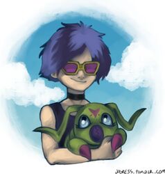  arthropod bandai_namco better_version_at_source caterpillar clocky_(artist) digimon digimon_(species) duo eyewear human insects ken_ichijouji larva male mammal summer sunglasses wormmon 