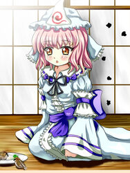  :o aged_down arm_garter bad_id bad_pixiv_id bird blush_stickers brown_eyes female hat holes japanese_clothes kimono mob_cap parsley photoshop_(medium) pink_hair plate ribbon saigyouji_yuyuko sash seiza short_hair sitting sleeves_past_wrists solo sparrow tonakai_(bunsuka) touhou triangular_headpiece veranda white_kimono 