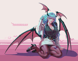  adjusting_hair alternate_costume animal_print aqua_eyes aqua_hair aqua_nails bangs bat_print bat_wings belt black_footwear black_shirt breasts business_suit cleavage collared_shirt commentary demon_girl english_commentary female formal head_wings high_heels highres large_breasts licking_lips long_hair looking_at_viewer low_wings miniskirt morrigan_aensland nail_polish off_shoulder office_lady pantyhose pencil_skirt print_legwear purple_wings shirt sitting skirt solo succubus suit tongue tongue_out unbuttoned unbuttoned_shirt vampire_(game) whoareuu wings yokozuwari 