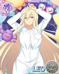  aquarius_(symbol) aries_(symbol) arms_up blonde_hair cancer_(symbol) capricorn_(symbol) card_(medium) character_name dodecagram female gemini_(symbol) leo_(senran_kagura) leo_(symbol) libra_(symbol) long_hair lying official_art on_back panties pillow pink_panties pisces_(symbol) purple_eyes sagittarius_(symbol) scorpio_(symbol) senran_kagura senran_kagura_new_wave shirt solo stomach stuffed_toy taurus_(symbol) trading_card underwear very_long_hair virgo_(symbol) waking_up white_shirt yaegashi_nan zodiac zodiac_wheel 