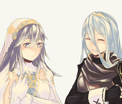  2girls armor azura_(fire_emblem) azura_(fire_emblem)_(cosplay) blue_eyes blue_hair blush cape commentary_request cosplay costume_switch dress fingerless_gloves fire_emblem fire_emblem_awakening fire_emblem_fates gloves hair_between_eyes hair_ornament hairband highres jewelry long_hair lucina_(fire_emblem) lucina_(fire_emblem)_(cosplay) multiple_girls open_mouth smile tiara vento very_long_hair 