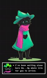  2018 absurd_res aronhilistix black_body black_fur bovid caprine clothed clothing darkner deltarune digital_media_(artwork) english_text eyewear fur goat hat headgear headwear heart_symbol hi_res looking_at_viewer male mammal ralsei scarf solo text undertale_(series) 