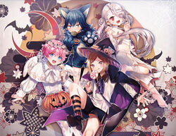  4boys :d :q abandon_ranka akita_toushirou angel_wings animal_costume animal_ears bandages blue_eyes blue_hair brown_eyes brown_hair candy cape commentary_request crescent_moon eyes_visible_through_hair feathered_wings flower food hair_bun hair_down hair_ornament hairclip halloween hat head_wreath highres houchou_toushirou ima-no-tsurugi jack-o&#039;-lantern kneehighs lollipop macaron male_focus moon mouth_hold multiple_boys open_mouth pink_hair ponytail puffy_shorts red_eyes rose sayo_samonji shorts silk single_hair_bun smile socks spider_web stitches striped_clothes striped_socks tongue tongue_out touken_ranbu wand white_flower white_hair white_rose wings witch_hat wolf_costume wolf_ears wolf_paws 