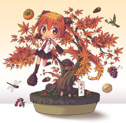  acorn aki_(akisora_hiyori) aki_miku alternate_hair_color autumn_leaves berry bird boots bug chestnut chibi commentary_request dragonfly female food fruit grapes hatsune_miku highres long_hair mushroom orange_hair persimmon photoshop_(medium) pinecone skirt smile solo twintails vocaloid walnut 