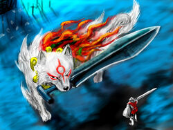  1other amaterasu_(ookami) ambiguous_gender chosen_undead commentary_request dark_souls_(series) dark_souls_i fire great_grey_wolf_sif magatama mouth_hold ogamiya_jin okami parody sword weapon wolf 