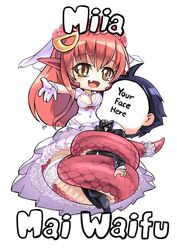  1boy :d black_hair breasts bridal_veil character_name chibi cleavage commentary covered_navel dress english_text faceless faceless_male female formal gloves hair_ornament hairclip hm_(hmongt) lamia large_breasts long_hair mai_waifu miia_(monster_musume) monster_girl monster_musume_no_iru_nichijou oerba_yun_fang open_mouth pointy_ears red_hair scales simple_background slit_pupils smile snake_bondage suit veil wedding_dress white_background white_gloves yellow_eyes 