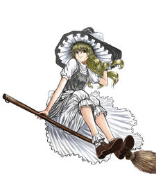  blonde_hair broom broom_riding commentary_request female hat kirisame_marisa long_hair looking_at_viewer ogamiya_jin sidesaddle simple_background solo touhou white_background witch_hat 