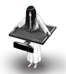  black_hair commentary female hair_over_one_eye long_hair monitor ogamiya_jin robe simple_background solo tears the_ring through_medium through_screen white_background white_robe yamamura_sadako you&#039;re_doing_it_wrong 