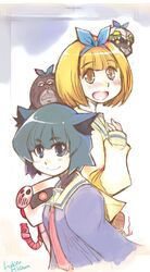  2girls :d animal_ears blonde_hair blue_eyes blue_hair blush brown_eyes cat_ears commentary_request gorilla hair_ribbon hairband highres hikawa_hekiru hockey_mask kurusu_yuzuko long_sleeves mask momotsuki_gakuen_school_uniform multiple_girls necktie open_mouth pani_poni_dash! ribbon robokko robot sailor_collar school_uniform serizawa_akane short_hair smile traditional_media upper_body 