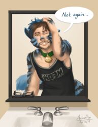  2018 amber-aria anthro bell bell_collar clothed clothing collar dialogue english_text felid feline first_person_view hair hi_res human human_to_anthro inside looking_at_viewer male mammal mirror reflection shirt short_hair sige sink solo species_transformation standing text topwear transformation were werecat werefelid werefeline yellow_eyes 