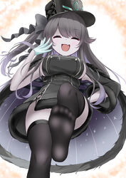  absurdres azur_lane black_coat black_hair black_hat black_thighhighs blue_gloves breasts buttons closed_eyes coat dress female from_below fur-trimmed_coat fur_trim gloves gradient_hair hand_on_own_hip hat highres large_breasts laughing multicolored_hair oerba_yun_fang open_mouth paashe pamiat_merkuria_(azur_lane) pamiat_merkuria_(meta)_(azur_lane) peaked_cap purple_hair short_dress skin_fang smile solo swept_bangs textless_version thighhighs 