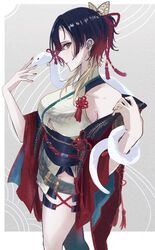  bare_shoulders black_hair blonde_hair breasts butterfly_hair_ornament chinese_clothes commentary_request earrings female gradient_hair hair_ornament heterochromia highres jewelry kannagi_loki large_breasts multicolored_hair phase_connect profile red_nails red_petals red_robe robe sanshoku_dango_(ahxf3842) short_hair_with_long_locks shorts snake snake_on_shoulder solo standing streaked_hair tassel virtual_youtuber yellow_eyes 